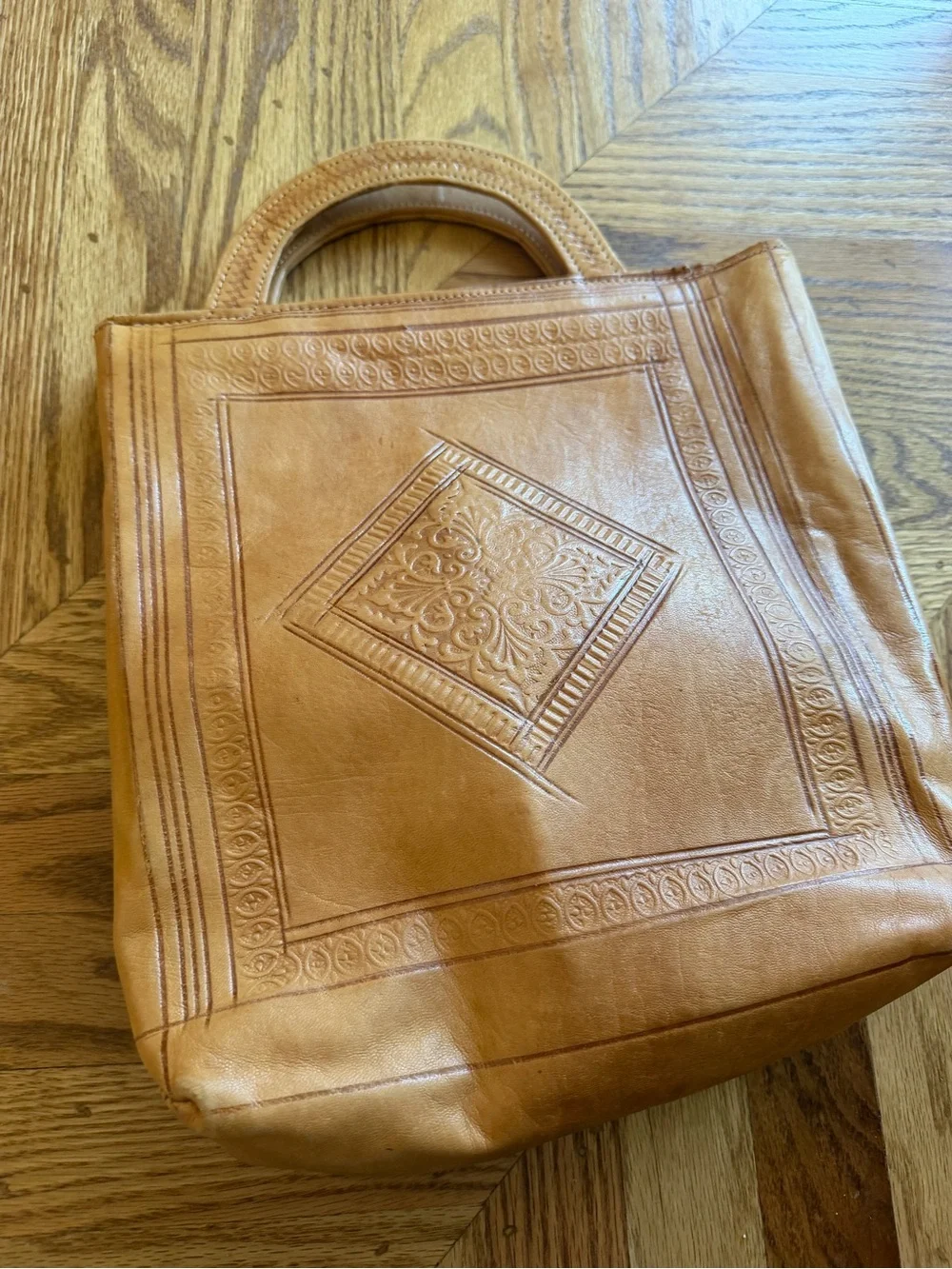 Vintage Embossed Genuine Leather Tote Bag Tan Boho Artisan